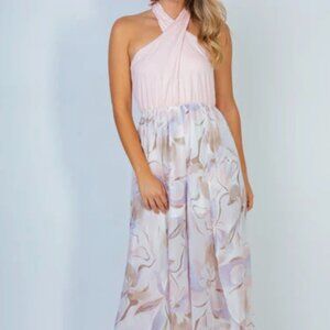 White Birch Light Pink Floral Halter Jumpsuit| XL Resortwear Boho Chic Vacation